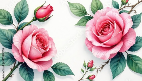 Intricate watercolor roses & leaves, soft hues, botanical, wallpaper, plant