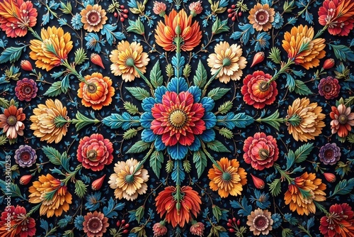 Intricate woven floral tapestry, repeating design, cloth, vintage, illustration