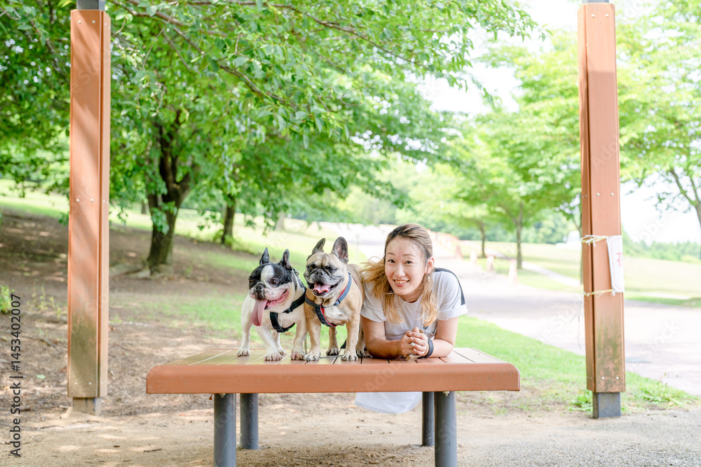 On a summer morning in a park with blooming hydrangeas, a Japanese woman in her 30s walks two French Bulldogs. Sitting on a bench, they share a moment, surrounded by flowers and early summer greenery