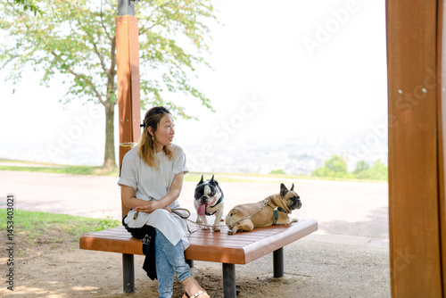 Obraz na płótnie On a summer morning in a park with blooming hydrangeas, a Japanese woman in her 30s walks two French Bulldogs. Sitting on a bench, they share a moment, surrounded by flowers and early summer greenery w salonie