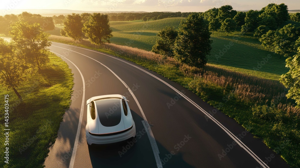 Fototapeta premium Electric car driving on a scenic road through the countryside at sunse