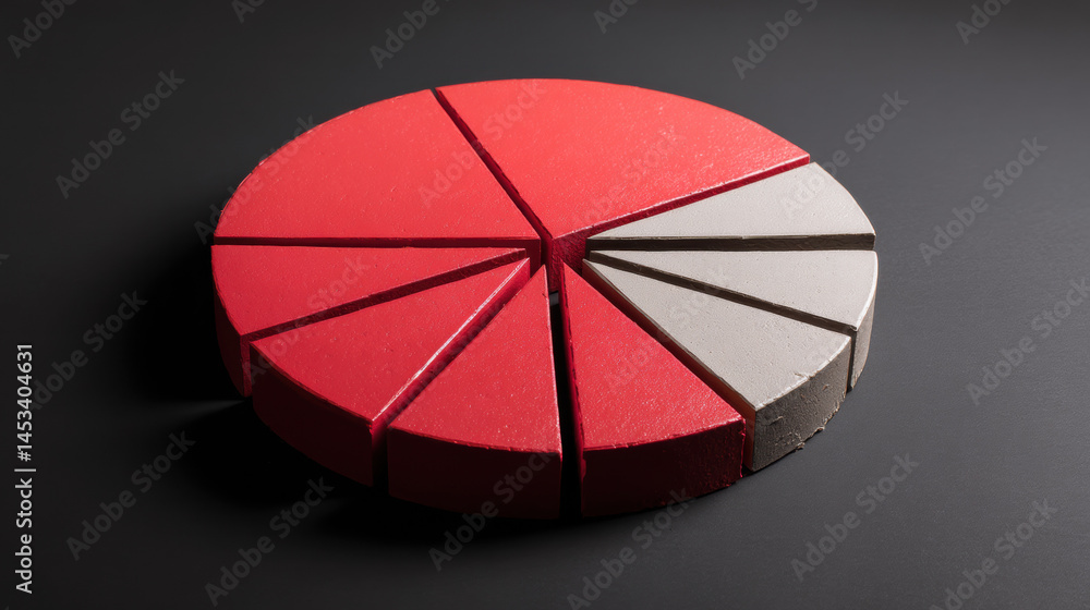 Obraz premium Split pie chart with missing slice, featuring red and gray sections on dark background