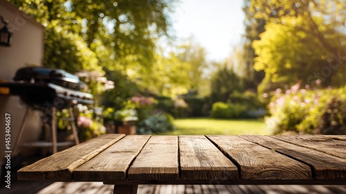 Wallpaper Mural Rustic Wooden Tabletop in a Sunny Garden with Grill and Greenery Perfect for Outdoor Dining and Summer Barbecues Torontodigital.ca