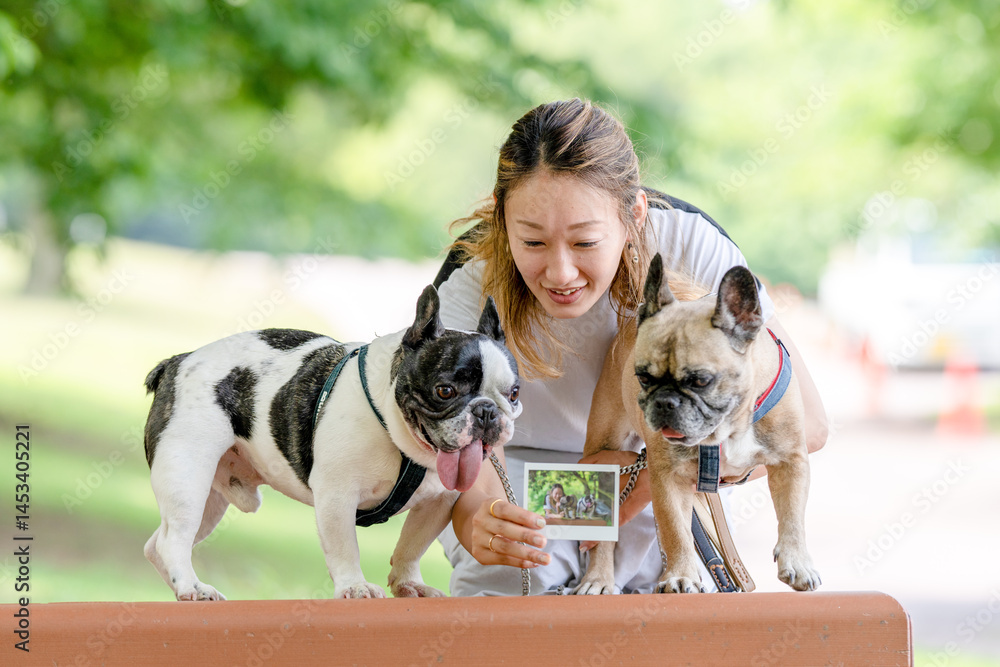 On a summer morning in a park with blooming hydrangeas, a Japanese woman in her 30s walks two French Bulldogs. Sitting on a bench, they share a moment, surrounded by flowers and early summer greenery