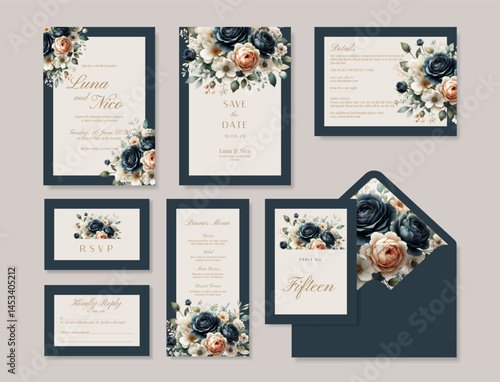 Luxury wedding stationery template with an elegant watercolor bouquet illustration.