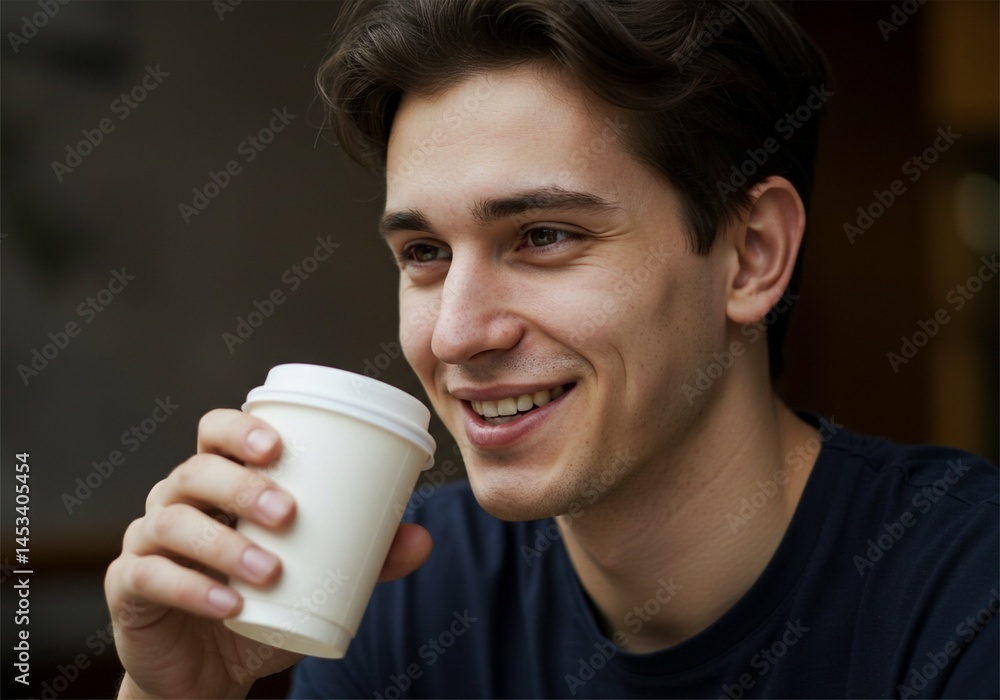 Handsome man is drinking a cup of paper cup coffee happily. Enjoying warm coffee Handsome man is drinking a cup of paper cup coffee happily. Enjoying warm coffee