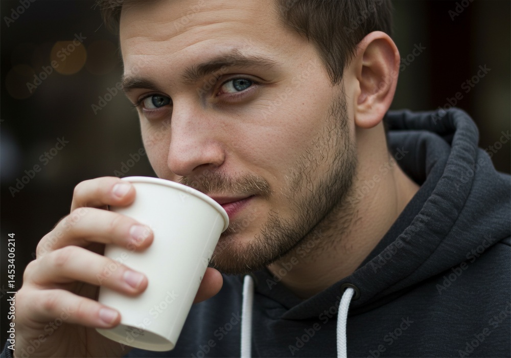 Handsome man is drinking a cup of paper cup coffee happily. Enjoying warm coffee Handsome man is drinking a cup of paper cup coffee happily. Enjoying warm coffee