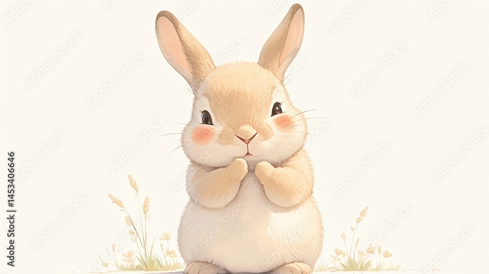 Obraz premium Cute bunny with pink cheeks holding paws, soft art with light beige colors