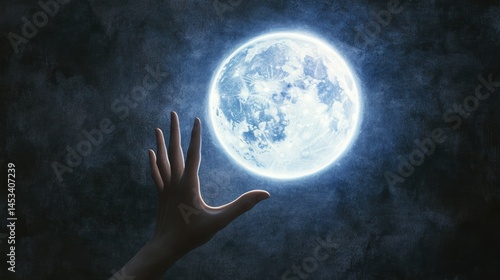 Reaching for the moon a mystical gesture in a dreamlike environment