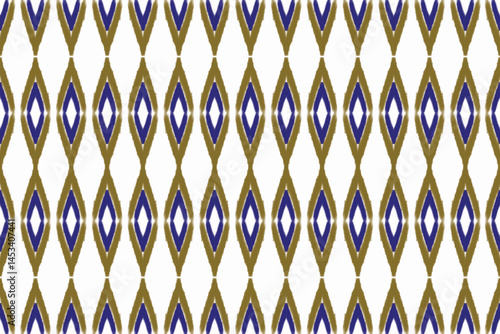 Seamless geometric pattern composed of vertically aligned diamond shapes.The design features a repetitive motif in brown,blue,and white tones,giving in a traditional yet modern textile appearance.