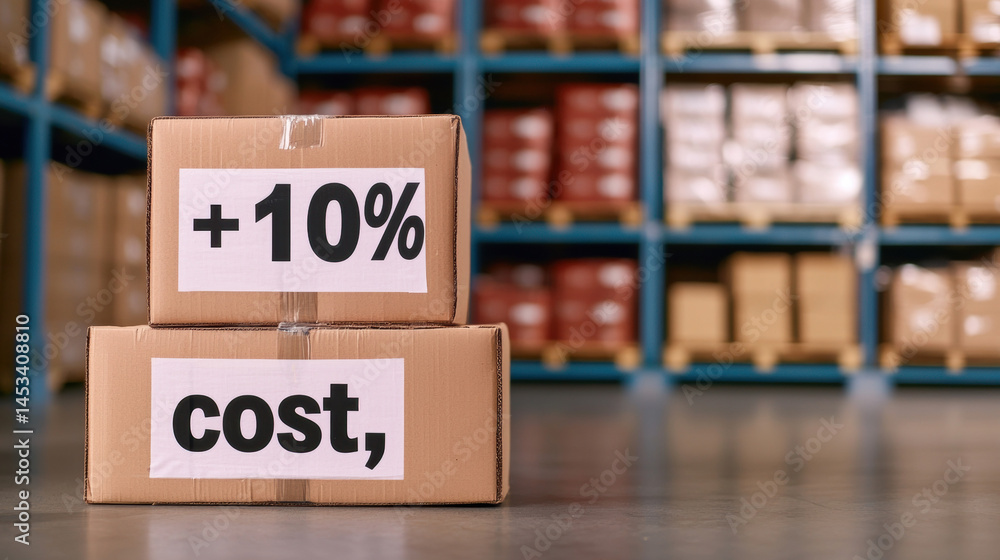 Cardboard boxes in warehouse with labels indicating 10% cost increase. Shelves filled with goods in background