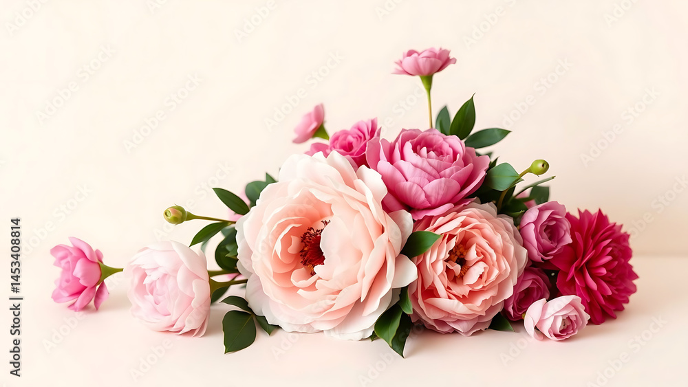 Minimalist Floral Arrangement with Elegant Stock Flowers Peonies Carnations on One Side Simple Background Copy Space Minimalist Floral Arrangement with Elegant Stock Flowers Peonies Carnations on One Side Simple Background Copy Space