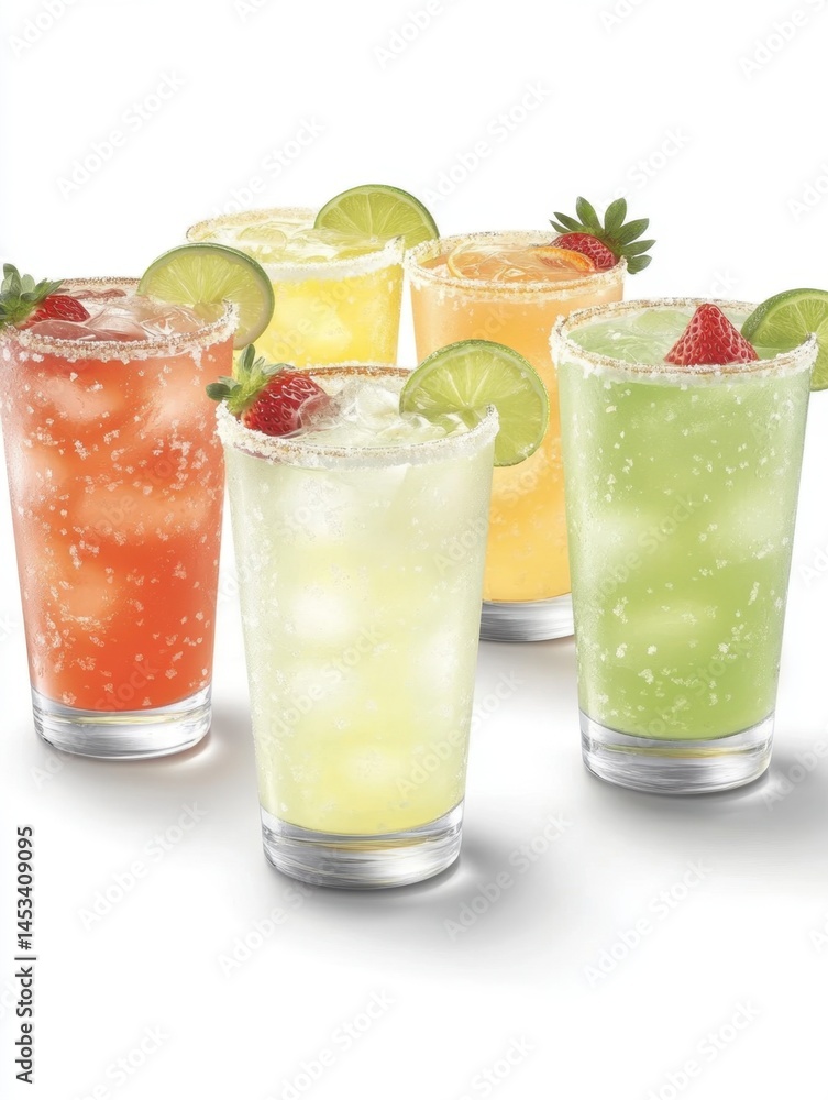 Refreshing Variety of Margaritas in Glasses with Lime and Strawberry Garnish on White Refreshing Variety of Margaritas in Glasses with Lime and Strawberry Garnish on White