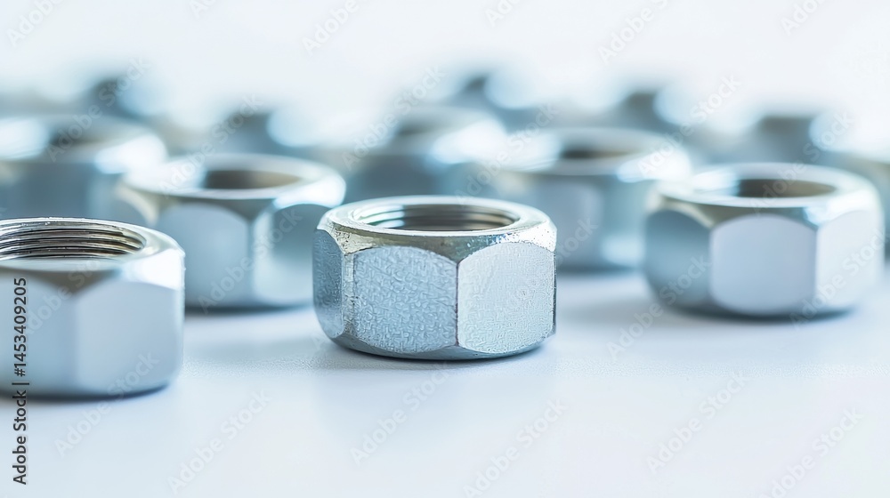 Close-up view of metallic nuts arranged on a clean surface in a workshop setting during daylight hours Close-up view of metallic nuts arranged on a clean surface in a workshop setting during daylight hours
