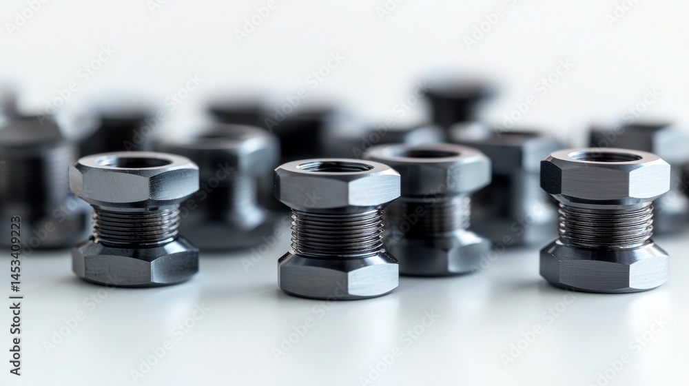 Close-up view of metallic nuts laid out on a surface, showcasing their detailed design and craftsmanship Close-up view of metallic nuts laid out on a surface, showcasing their detailed design and craftsmanship