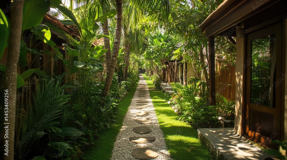 Fototapeta premium Serene Tropical Pathway: Lush Greenery and Tranquil Villas