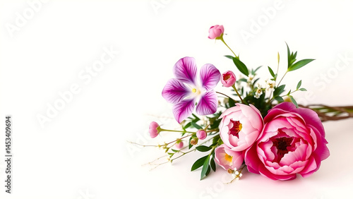 Minimalist Floral Arrangement with Tiny Lobelia and Peonies Elegant Background Copy Space on One Side