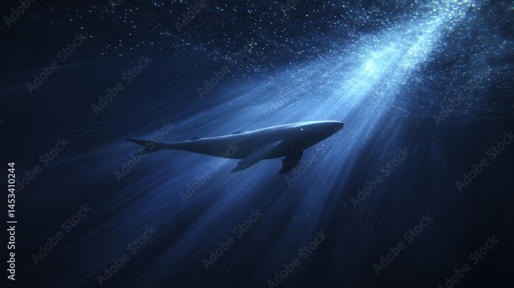Fototapeta premium A sleek megalodon swimming gracefully in deep blue ocean waters, surrounded by faint light rays