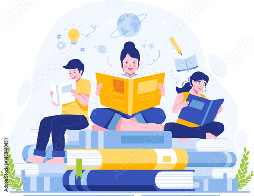 People Reading Books to Celebrate Literacy Day On the 8th of September Illustration
