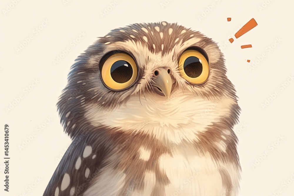 Fototapeta premium Cute cartoon owl with big eyes and an exclamation point shows excitement