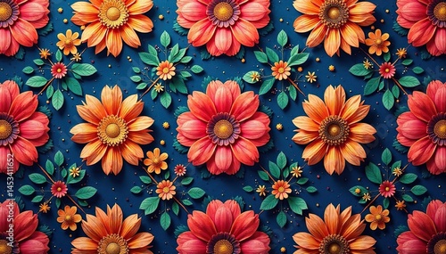 Intricate floral textile design, repeating seamlessly , summer, leaves