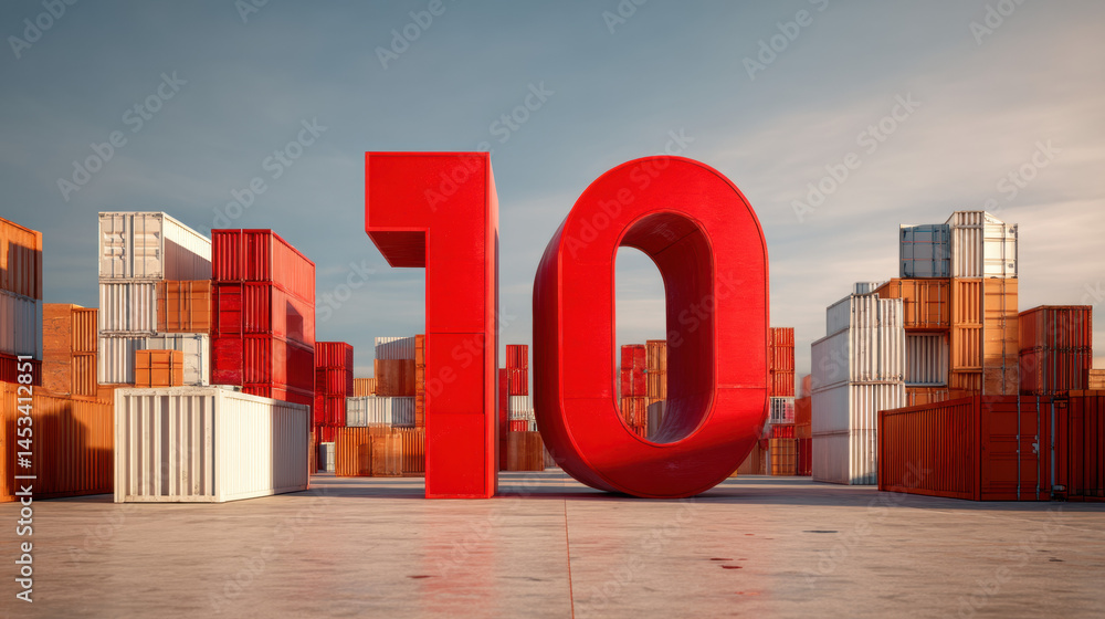 Giant red number 10 stands among stacked shipping containers, symbolizing strength and impact
