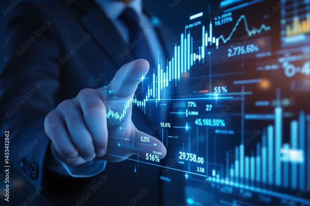 Businessman interacting with digital stock market data and charts in a futuristic interface, creative style on abstract blue background, concept of finance. Ai generative Businessman interacting with digital stock market data and charts in a futuristic interface, creative style on abstract blue background, concept of finance. Ai generative
