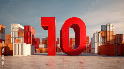 Obraz na płótnie Giant red number 10 stands among stacked shipping containers, symbolizing strength and impact w salonie