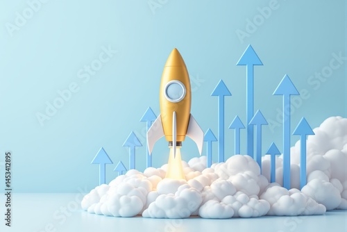 Yellow rocket lifting off through fluffy clouds and surrounded by blue arrows on pastel blue background, concept of business growth and creative innovation, Ai generative