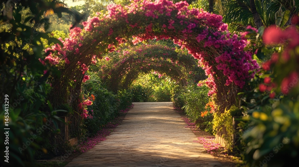 Fototapeta premium Romantic Walkway Through a Blooming Bougainvillea Arch