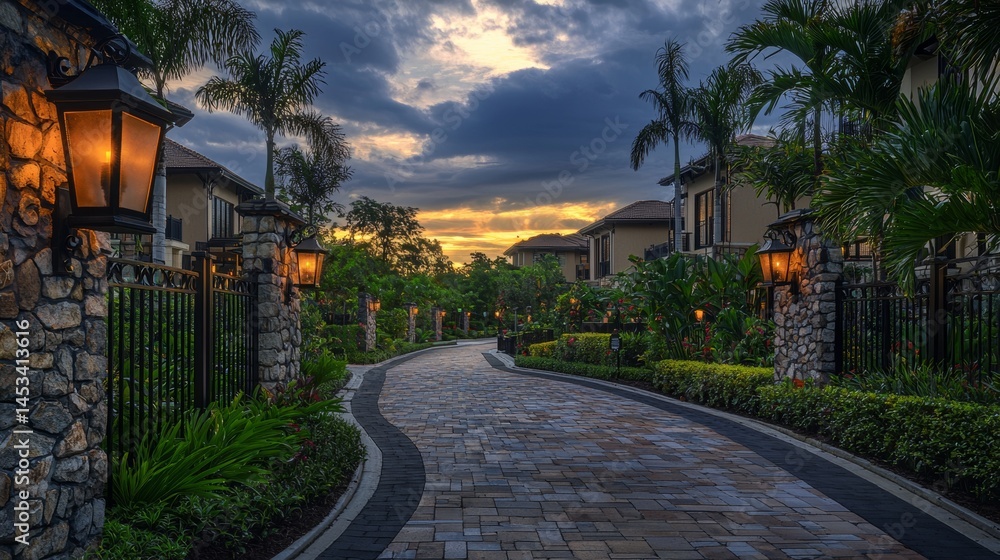 Obraz premium Pathway lined with lanterns guides the way through a serene residential area at sunset in a tropical location