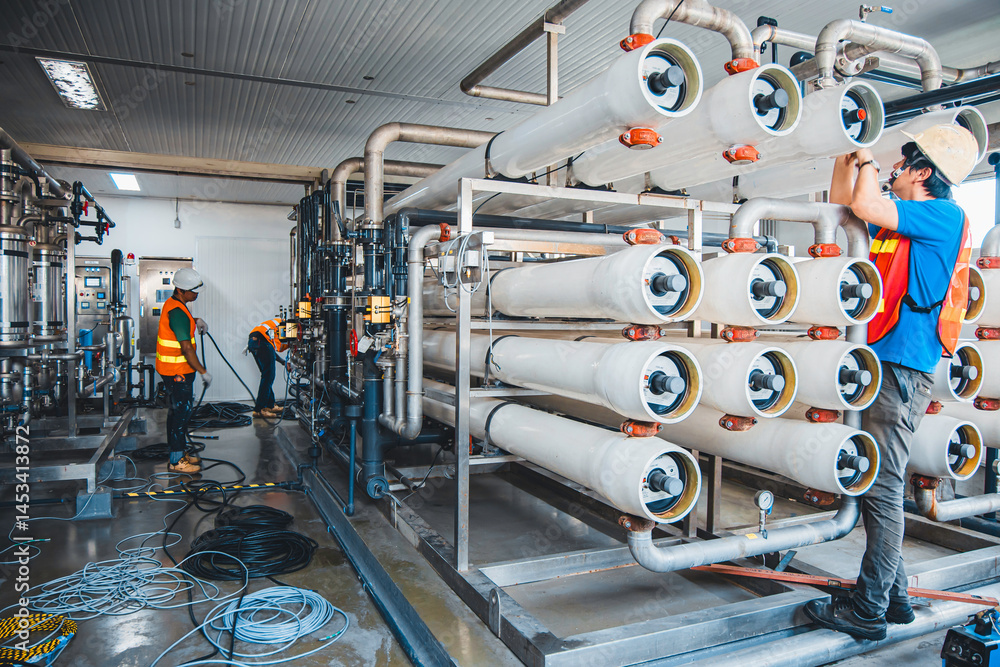 Male worker install is using Industrial oxygen tanks in chemical factory. Oxygen storage vessels, which is either held under pressure in gas cylinders, or as liquid oxygen