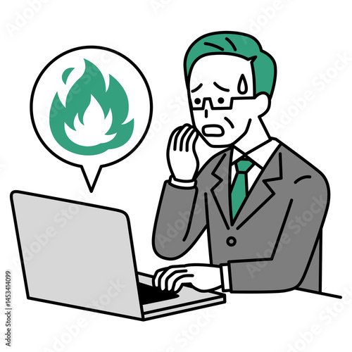 SNSが炎上して困惑している中年のスーツの男性（ノートパソコン）