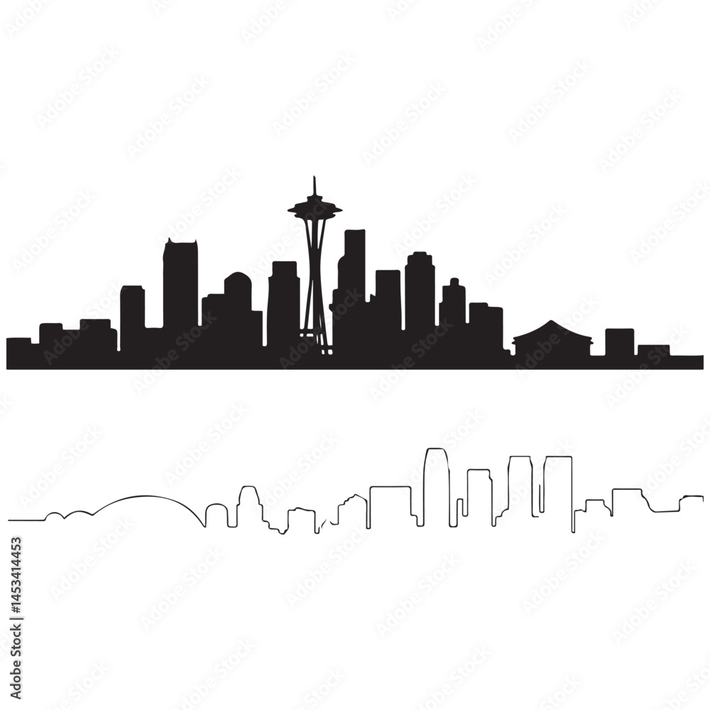 Naklejka premium Seattle skyline horizontal banner. Vector Black silhouettes. with white background of Los Angeles, California. Vector template for your design.