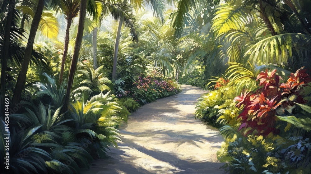 Serene Tropical Pathway: A Digital Painting of a Lush Paradise Serene Tropical Pathway: A Digital Painting of a Lush Paradise