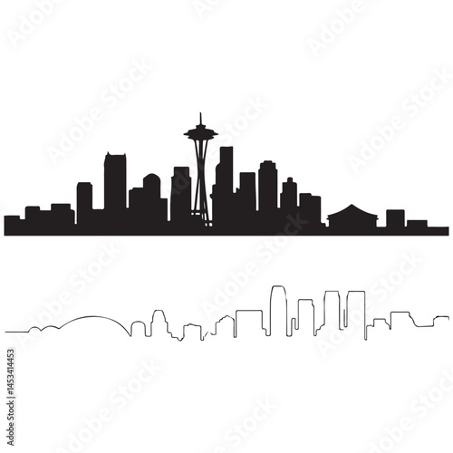 Seattle skyline horizontal banner. Vector Black silhouettes. with white background of Los Angeles, California. Vector template for your design.