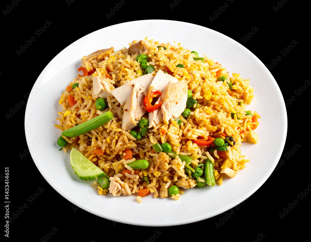 Plate of fried rice with shredded chicken isolated on black background Plate of fried rice with shredded chicken isolated on black background