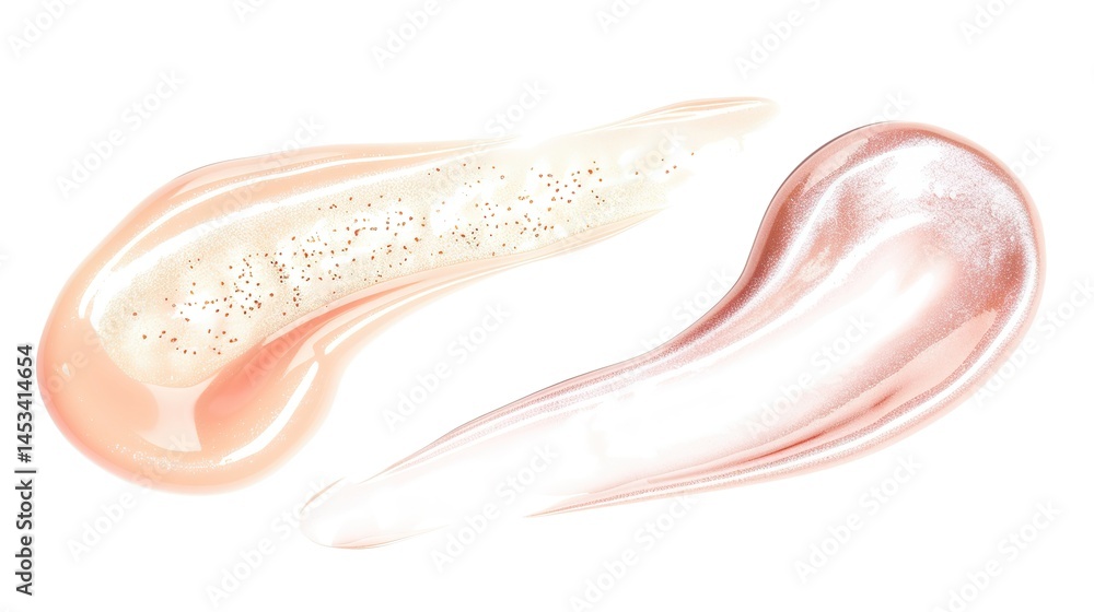 Fototapeta premium Two glossy, shimmering liquid swatches of makeup are presented in isolation on a pure white background, highlighting the alluring texture and vibrant colors of the makeup. These swatches, with their