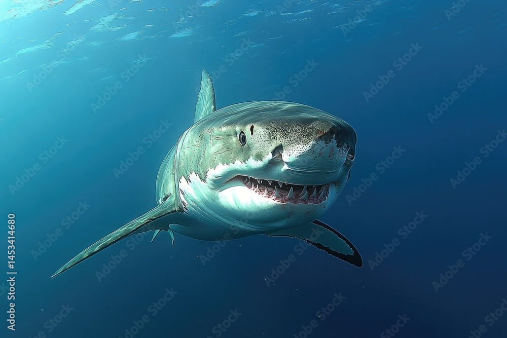 Naklejka premium Large great white shark in ocean depths.