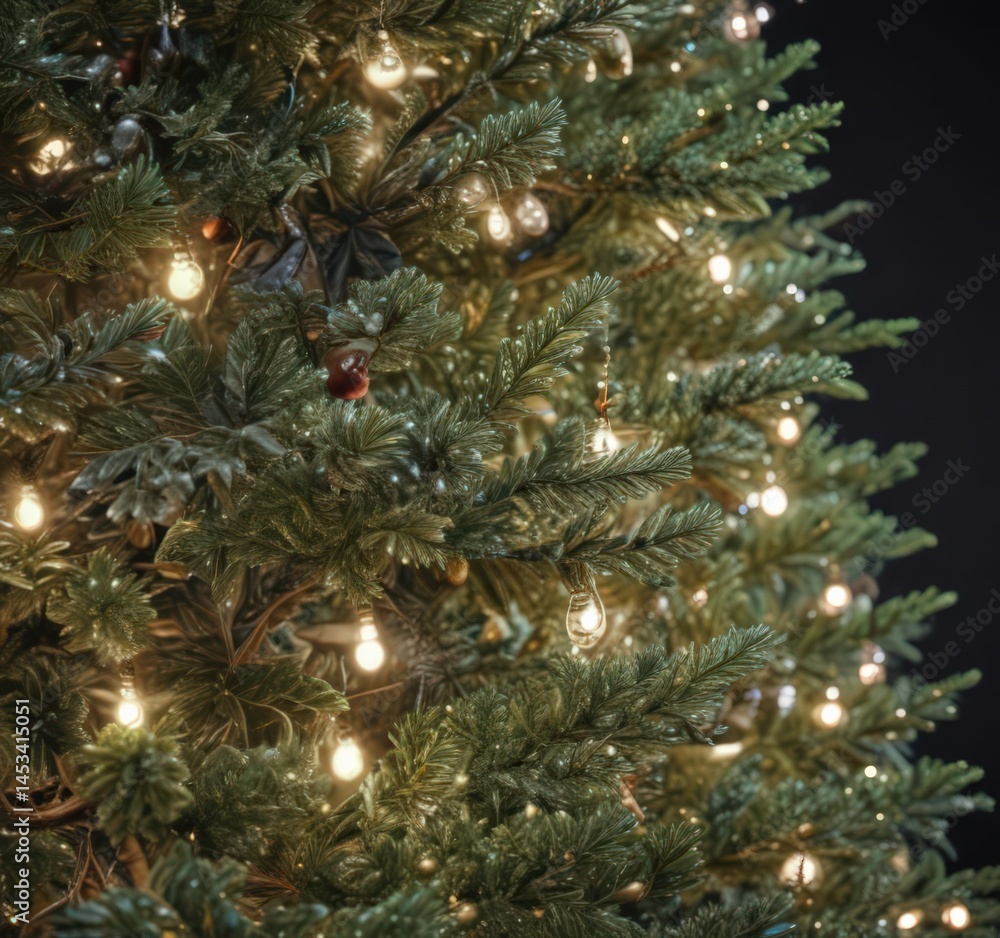 Close-up of decorated Christmas tree with twinkling lights, snowy branches , texture, sparkle Close-up of decorated Christmas tree with twinkling lights, snowy branches , texture, sparkle