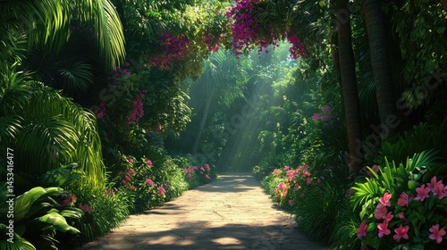 Serene Tropical Path: Sunbeams through Lush Foliage
