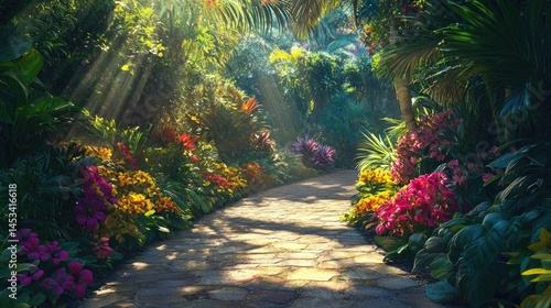 Sunlit Tropical Garden Path: A Serene Escape