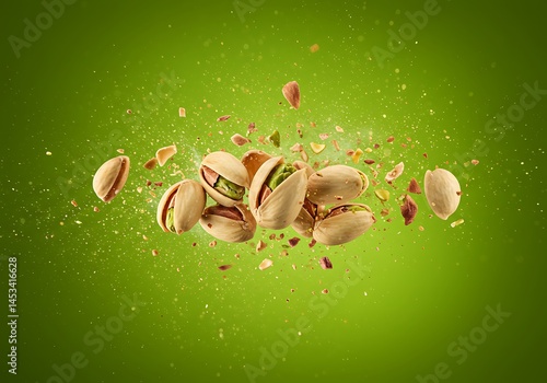 A vibrant explosion of pistachios against a bright green backdrop with scattered shell fragments around