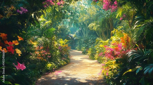 Lush Tropical Paradise: A Sunlit Path Through Vibrant Flora