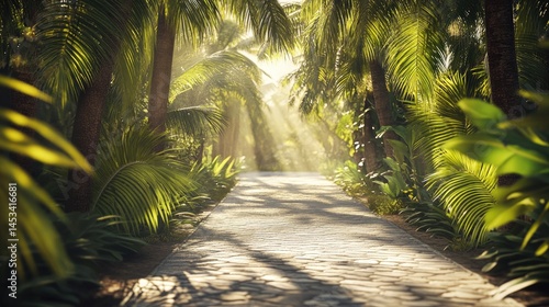 Sunlit Path Through Lush Tropical Paradise: A Serene Escape