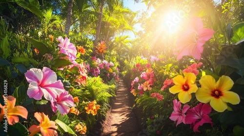 Sunlit Tropical Paradise: A Vibrant Path Through Blooming Hibiscus and Lush Greenery
