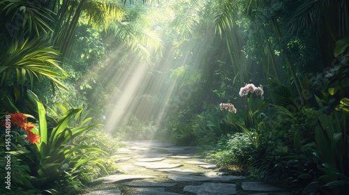 Sunbeams Illuminating a Lush Tropical Path