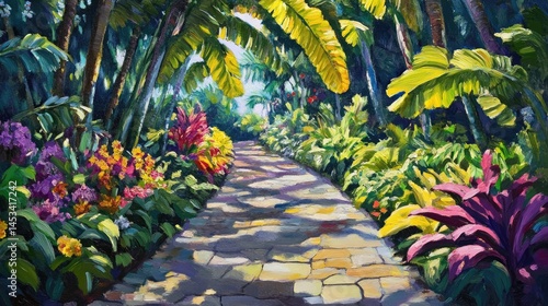 Serene Tropical Garden Path: A Vibrant Oasis of Lush Greenery and Blossoming Flowers