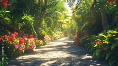 Sunlit Tropical Garden Path: A Serene Escape