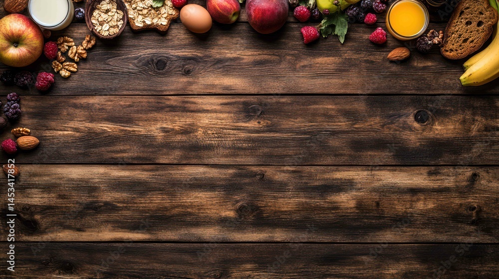 Naklejka premium Top-down view of breakfast ingredients on a rustic wooden table
